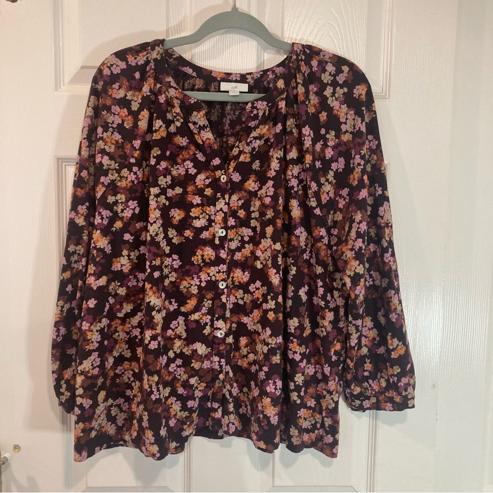 J. Jill Black Floral Button-Front Blouse with Pink and Gold Accents